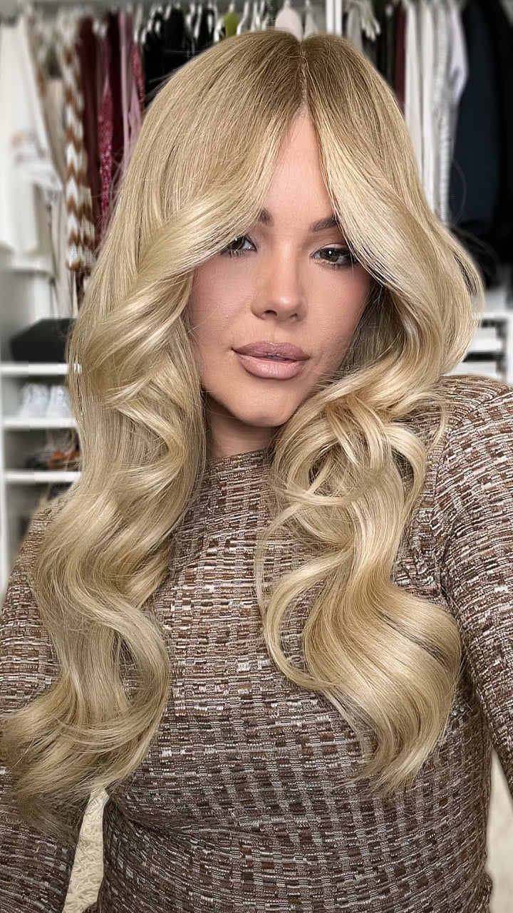 SHULY Blonde Wigs with Curtain Bangs 100% Real Human Hair for Caucasian 180% Density