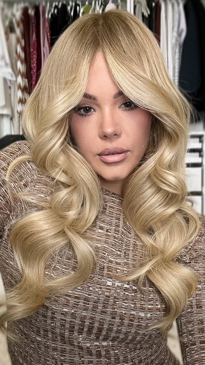 SHULY Blonde Wigs with Curtain Bangs 100% Real Human Hair for Caucasian 180% Density