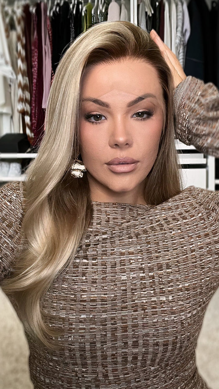 Honey Blonde Wavy Wigs 100% Real Human Hair for Caucasian 180% Density