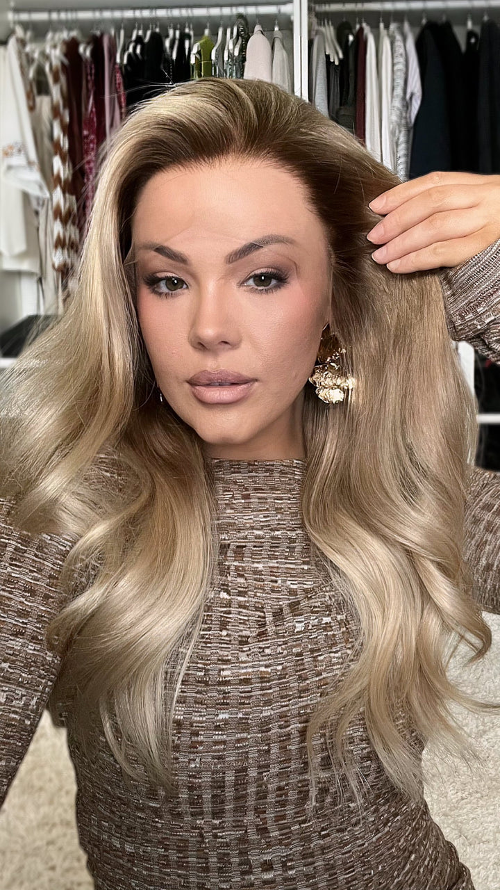 SHULY Honey Blonde Wavy Wigs 100% Real Human Hair for Caucasian 180% Density
