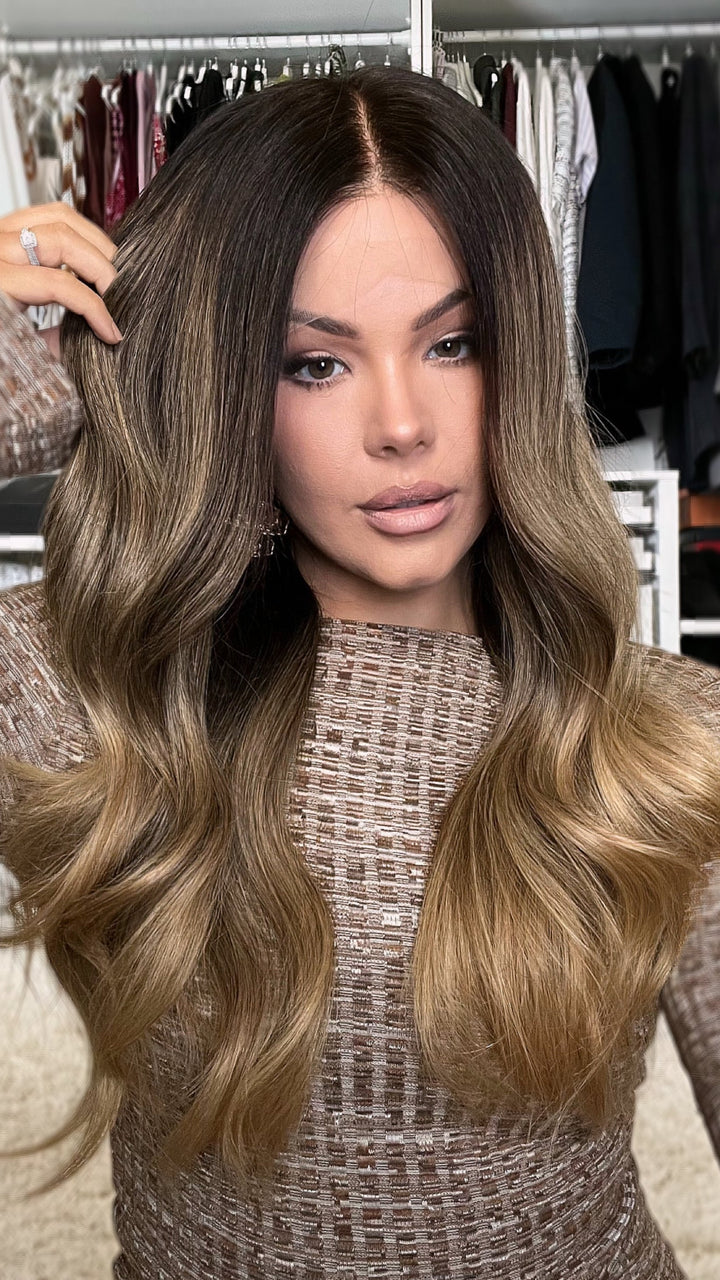SHULY Ombre Black Brown Wigs 100% Real Human Hair for Caucasian 180% Density