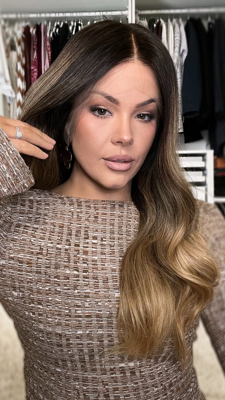 SHULY Ombre Black Brown Wigs 100% Real Human Hair for Caucasian 180% Density