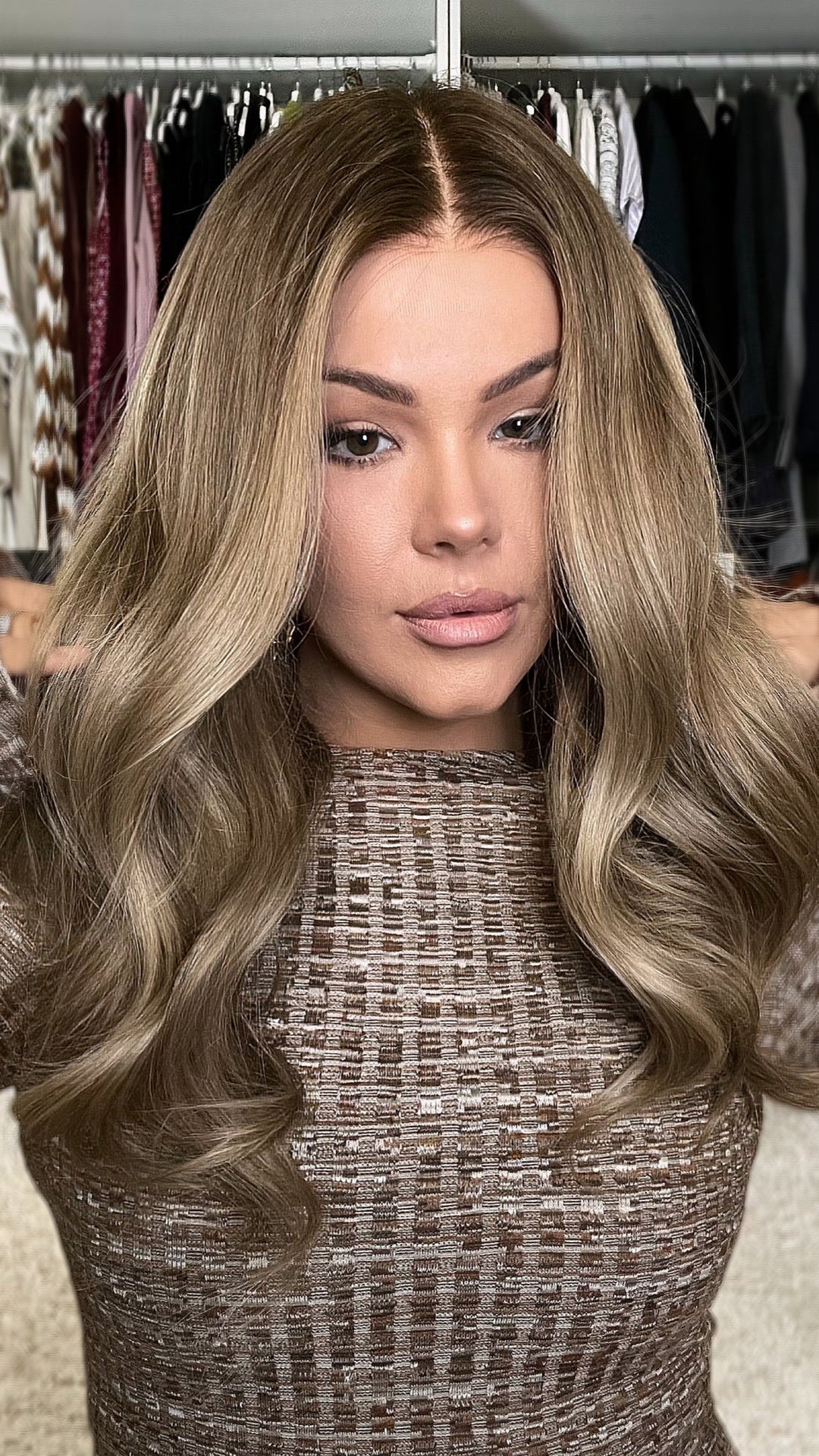 SHULY Cool Brown Highlights Wavy Wigs 100% Real Human Hair for Caucasian 180% Density
