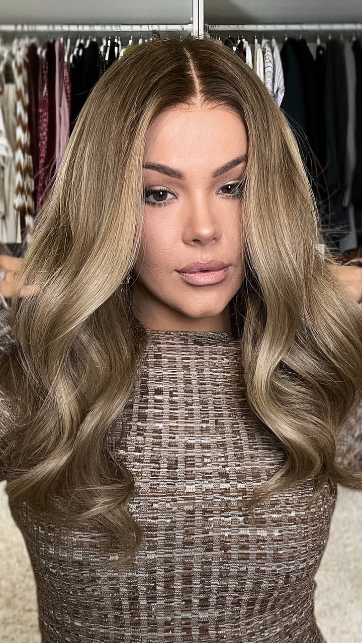 SHULY Cool Brown Highlights Wavy Wigs 100% Real Human Hair for Caucasian 180% Density