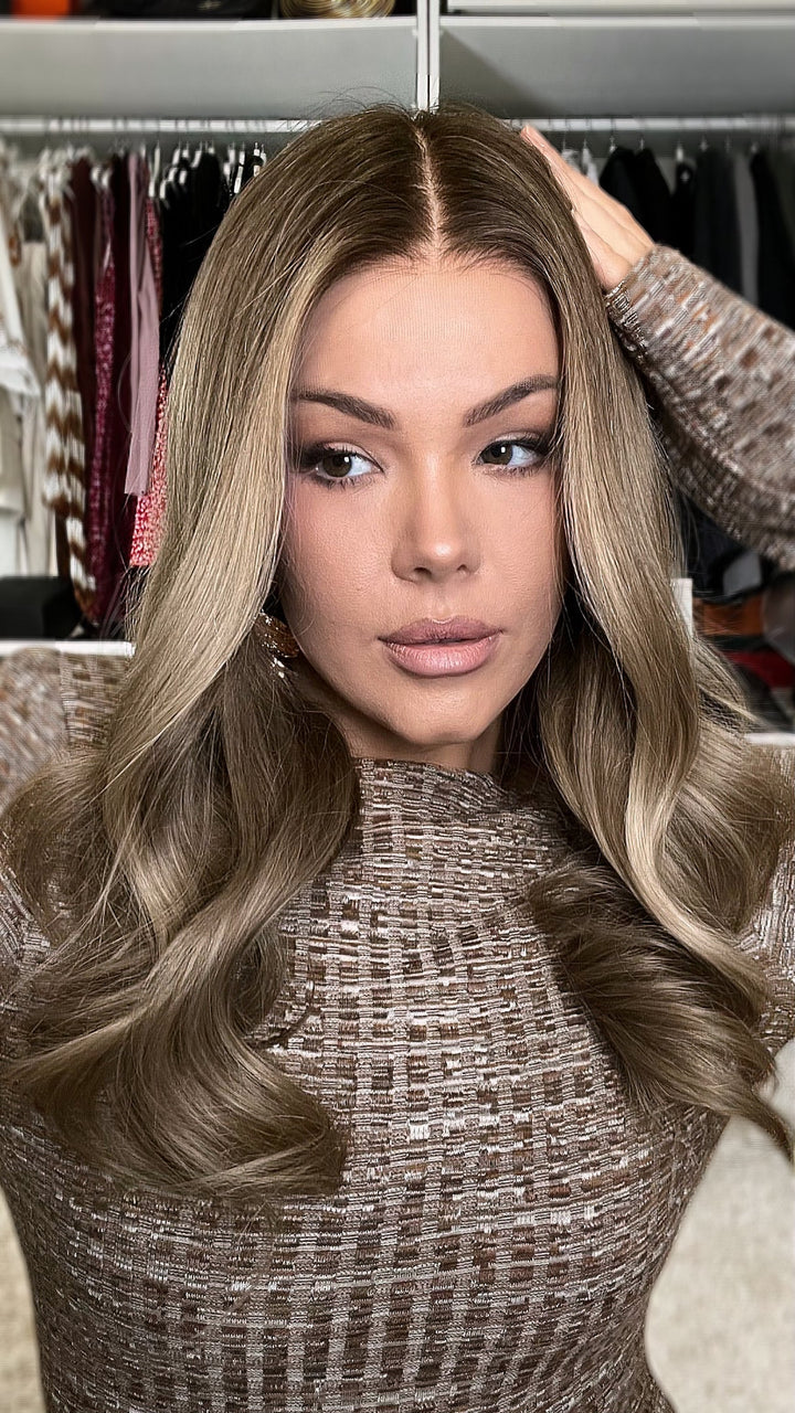 SHULY Cool Brown Highlights Wavy Wigs 100% Real Human Hair for Caucasian 180% Density