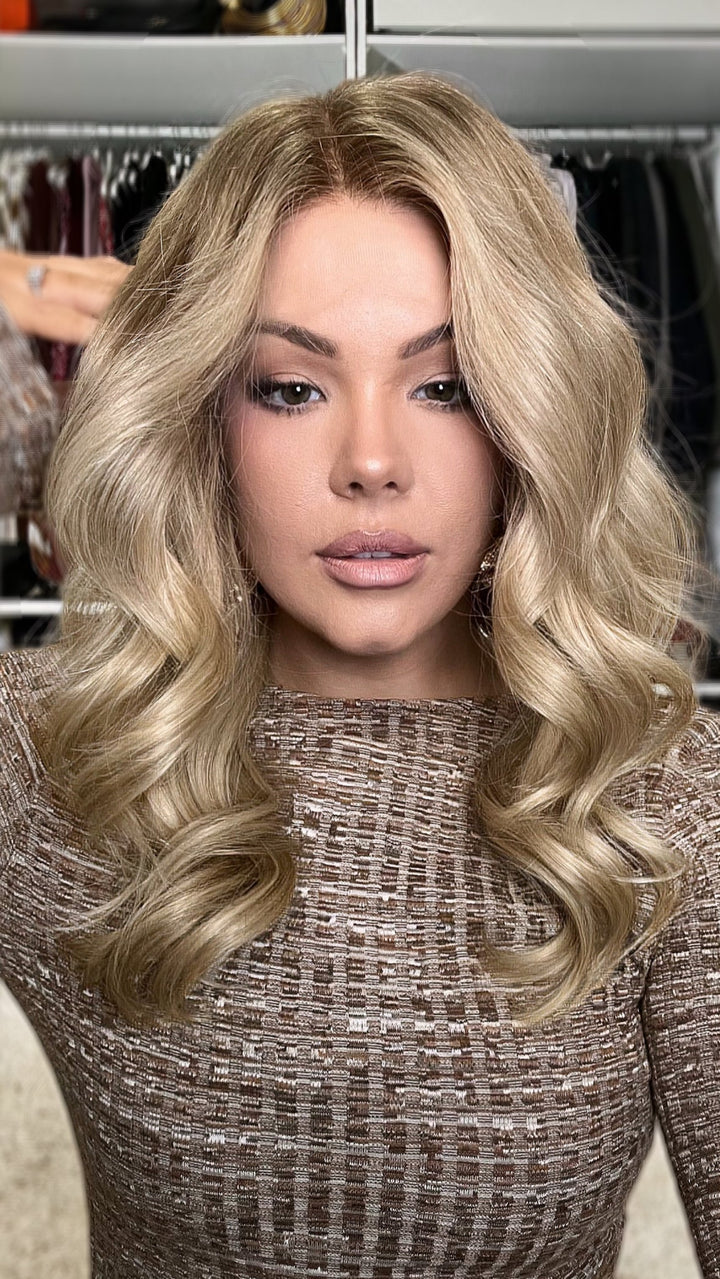 SHULY Ashy Brown Blonde Wavy Wigs 100% Real Human Hair for Caucasian 180% Density