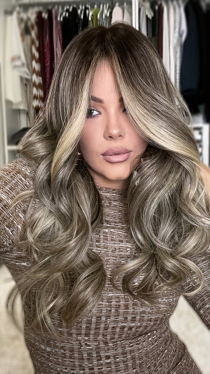 SHULY Warm Gray Highlights Wigs 100% Real Human Hair for Caucasian 180% Density