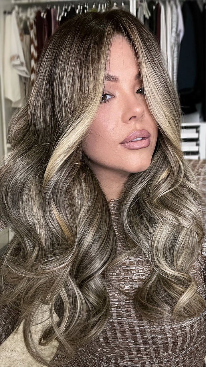 SHULY Warm Gray Highlights Wigs 100% Real Human Hair for Caucasian 180% Density