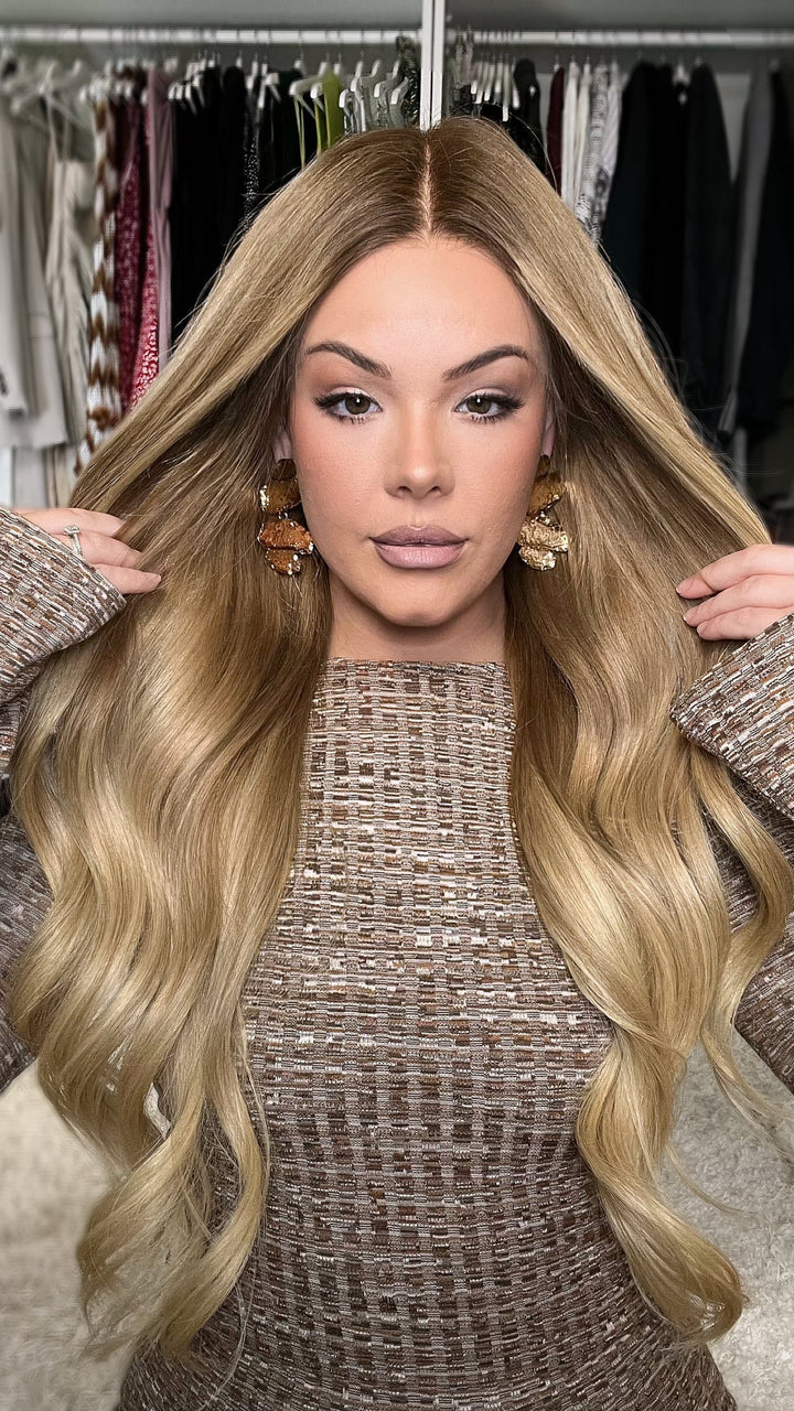 SHULY Ombre Honey Blonde Wavy Wigs 100% Real Human Hair for Caucasian 180% Density