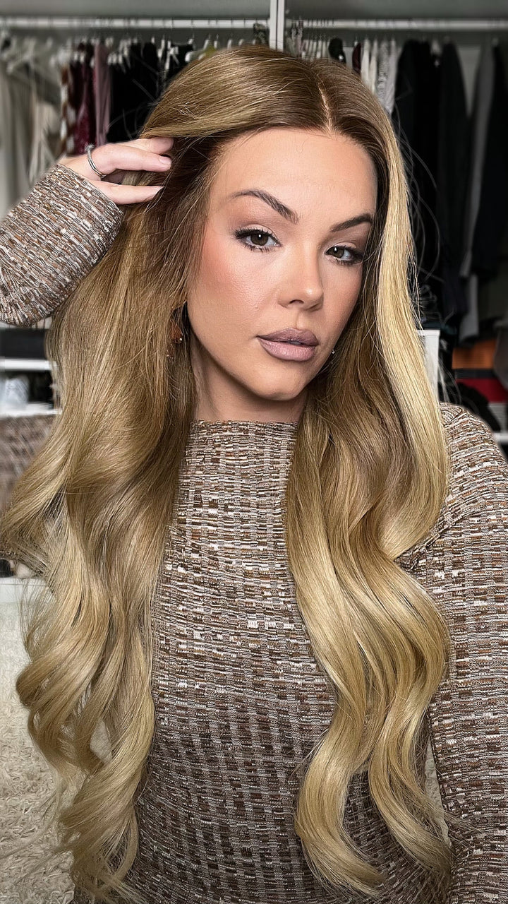 SHULY Ombre Honey Blonde Wavy Wigs 100% Real Human Hair for Caucasian 180% Density