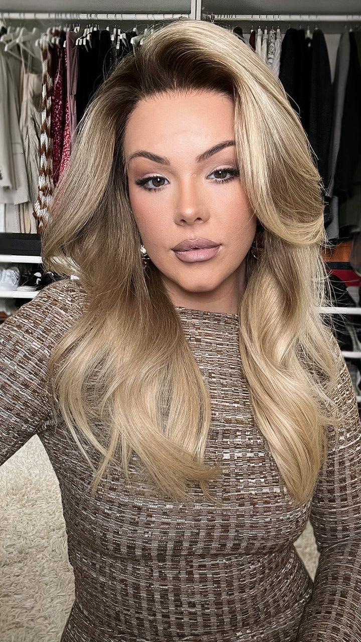 SHULY Ombre Ash Brown Wavy Wigs 100% Real Human Hair for Caucasian 180% Density