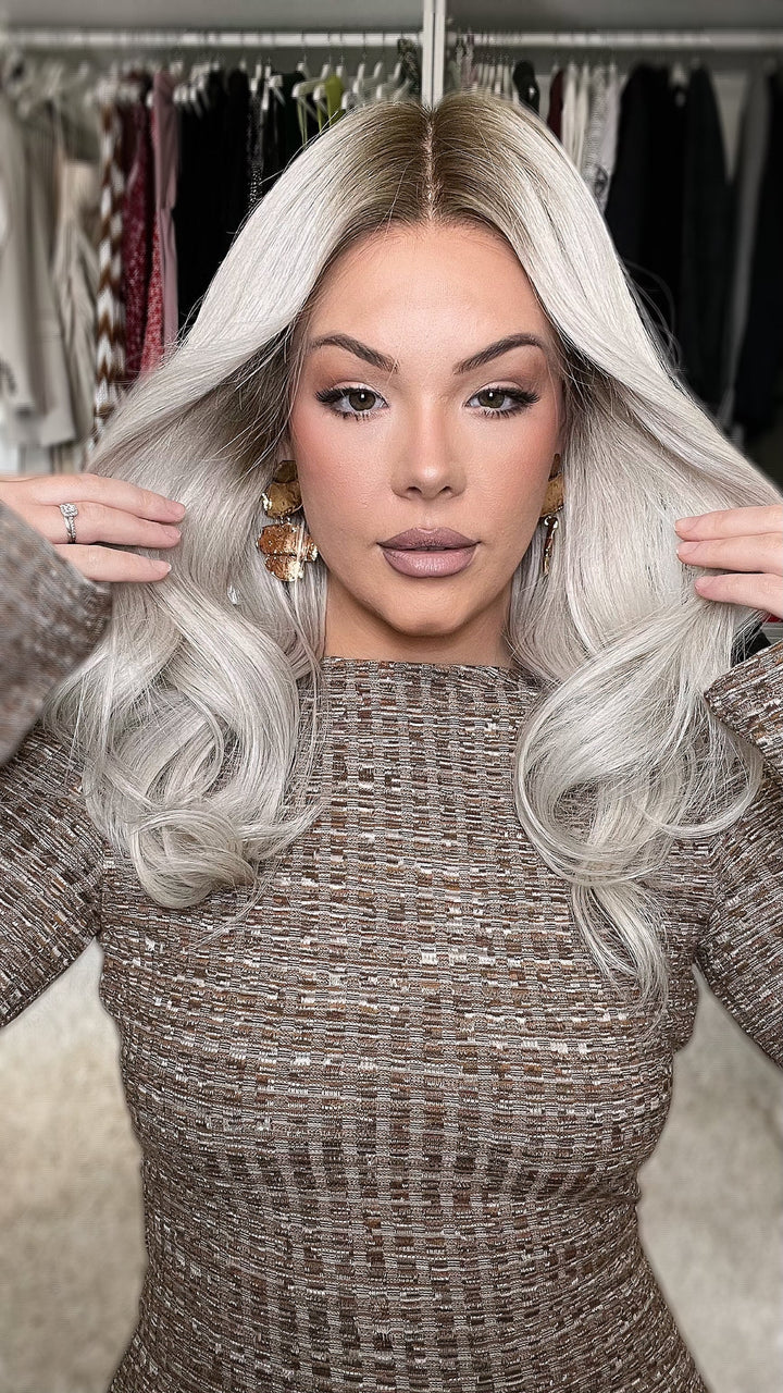 SHULY White Wigs with Black Roots 100% Real Human Hair for Caucasian 180% Density