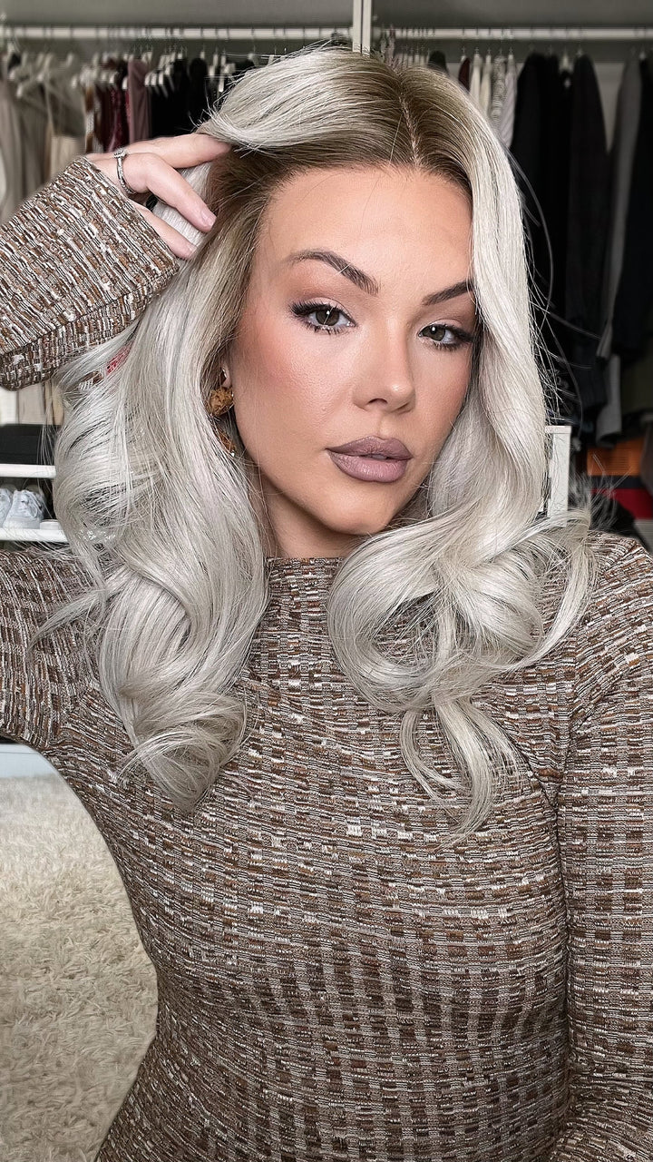 SHULY White Wigs with Black Roots 100% Real Human Hair for Caucasian 180% Density