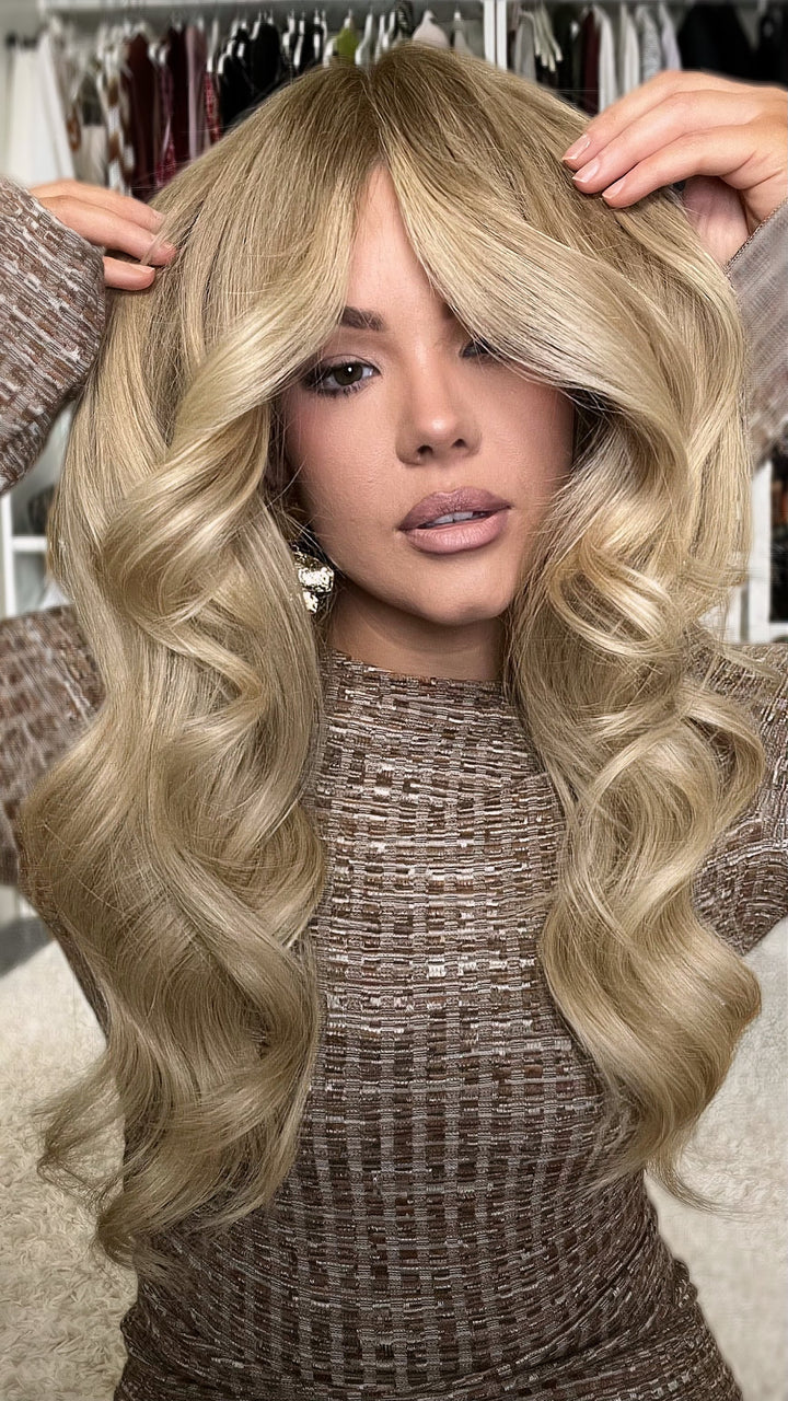 SHULY Blonde Wigs with Curtain Bangs 100% Real Human Hair for Caucasian 180% Density