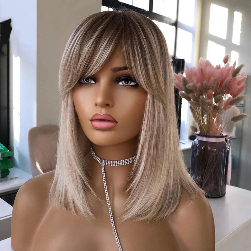 SHULY New in Short Bob Straight Ash Blonde Human Hair Wig with Bangs for Women