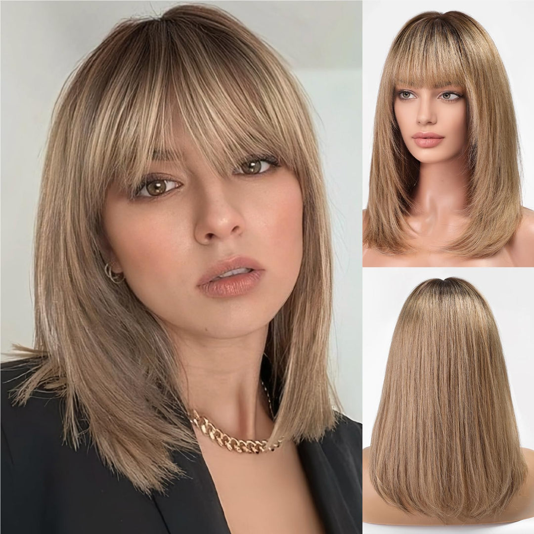 SHULY Ombre Blonde Brown Human Hair Wigs with Bangs for White Women