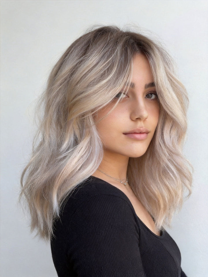 SHULY Ash Blonde Wigs with Dark Roots 100% Real Human Hair for Caucasian