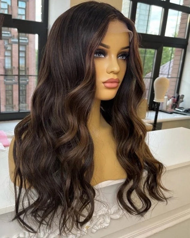 SHULY Loose Deep Wave Dark Brown Highlights Wigs for White Women 100% Human Hair