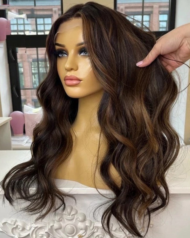 SHULY Loose Deep Wave Dark Brown Highlights Wigs for White Women 100% Human Hair