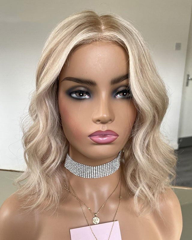 SHULY Short Bob Highlights Platinum Blonde Lace Front Wigs for White Women 100% Human Hair