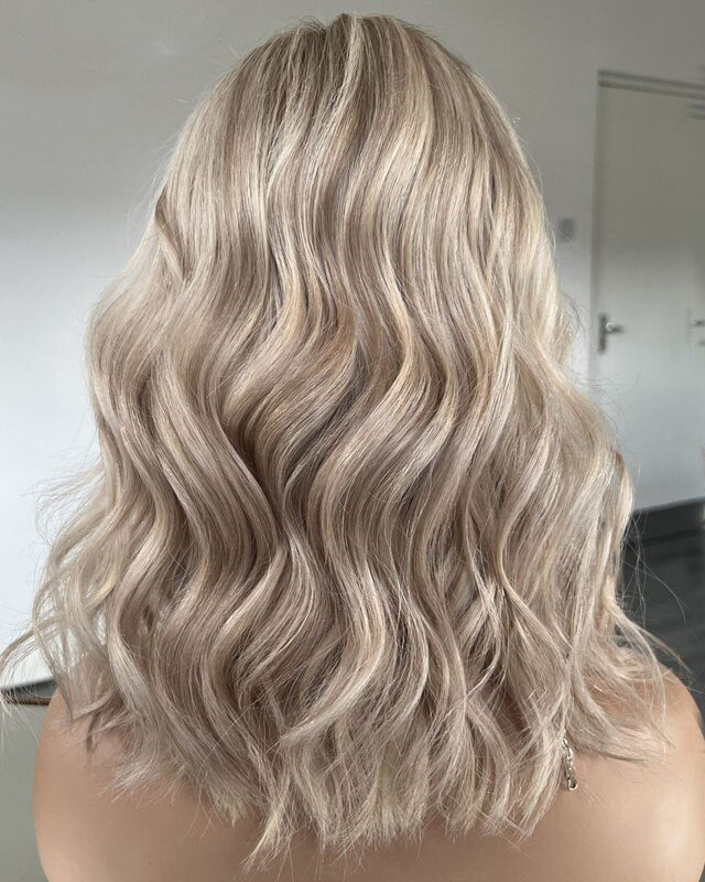SHULY Short Bob Highlights Platinum Blonde Lace Front Wigs for White Women 100% Human Hair