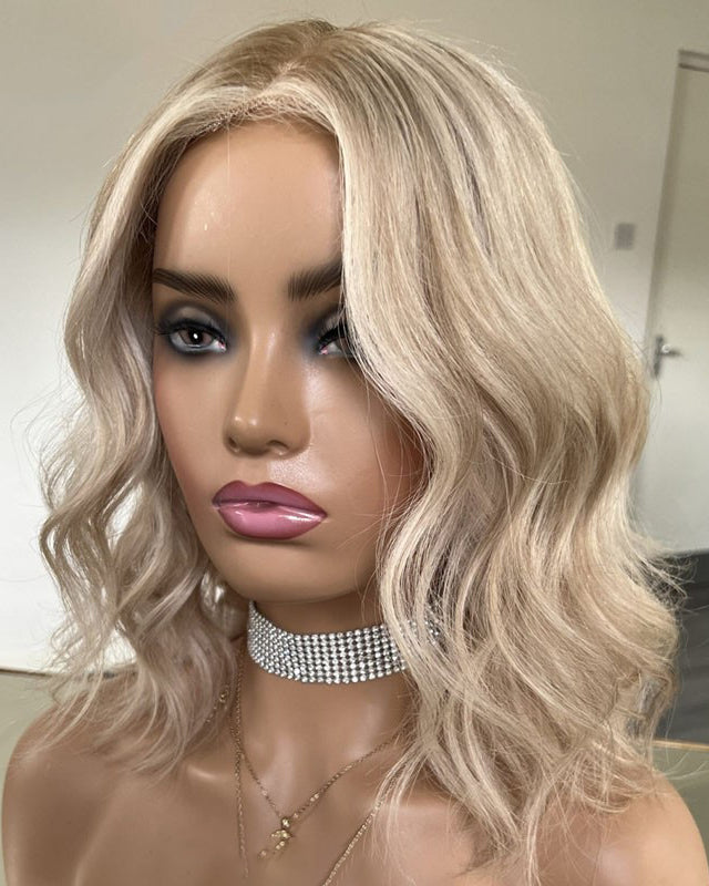 SHULY Short Bob Highlights Platinum Blonde Lace Front Wigs for White Women 100% Human Hair