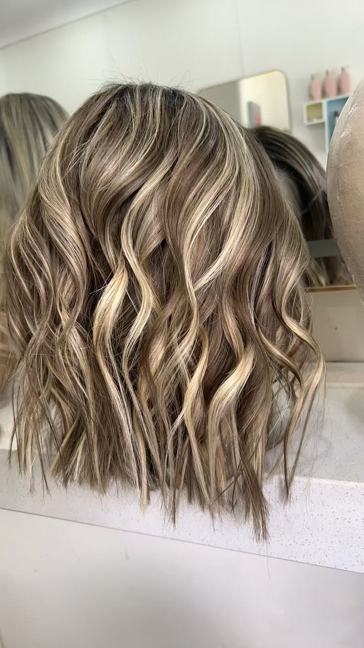 SHULY Highlights Brown Blonde Short Wigs for White Women 100% Human Hair