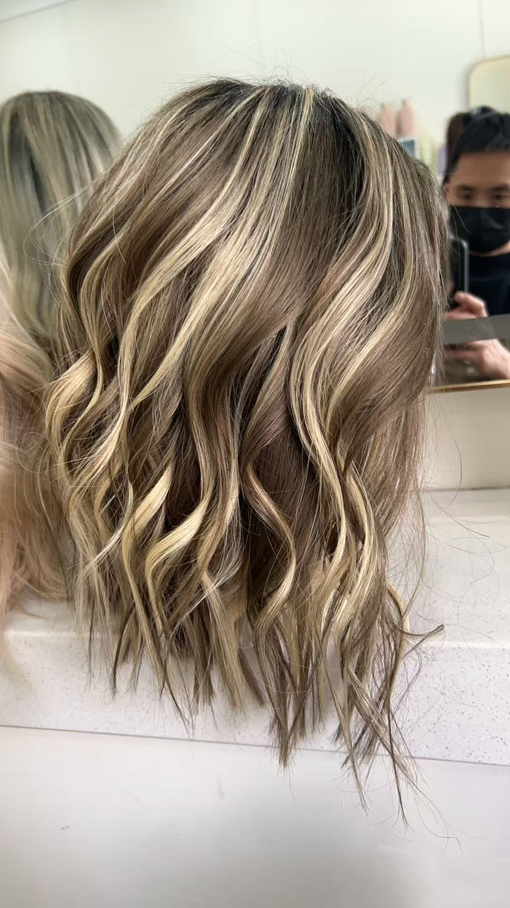 SHULY Highlights Brown Blonde Short Wigs for White Women 100% Human Hair