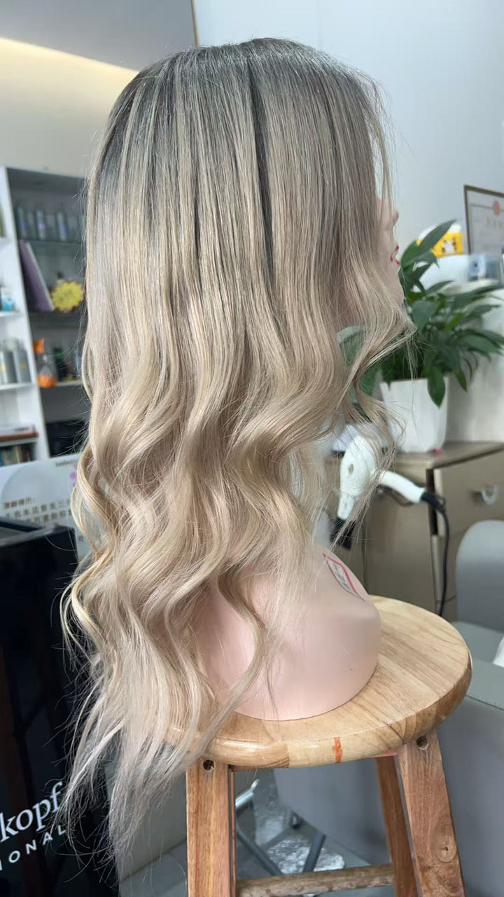 SHULY Ash Blonde Highlights with Dark Roots Long Wigs for White Women 100% Human Hair