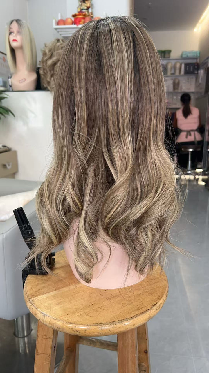 SHULY Brown Blonde Highlights Long Wigs for White Women 100% Human Hair