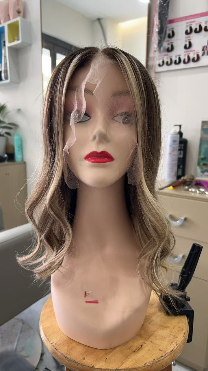 SHULY Brown Blonde Highlights Long Wigs for White Women 100% Human Hair