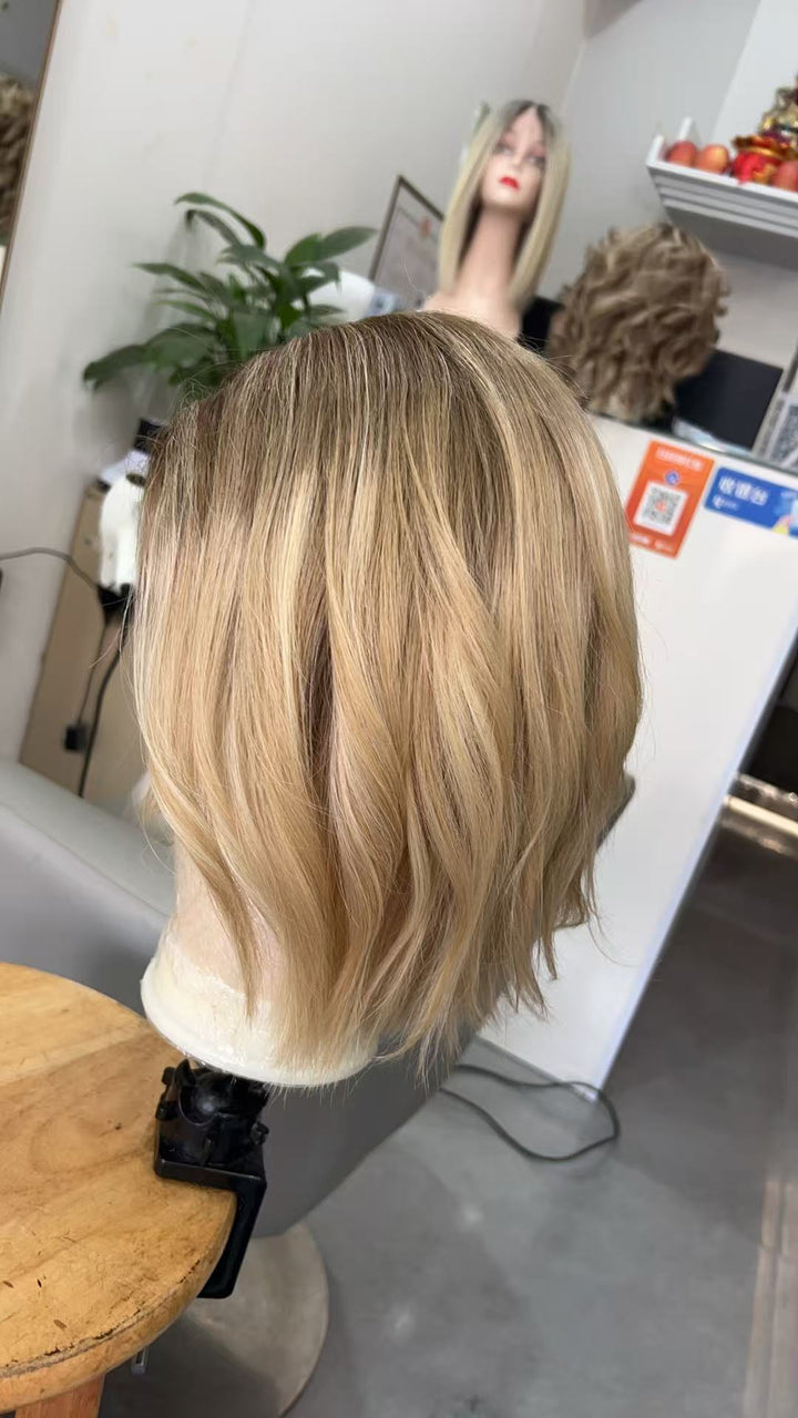 SHULY Highlights Honey Blonde Short Wigs for White Women 100% Human Hair