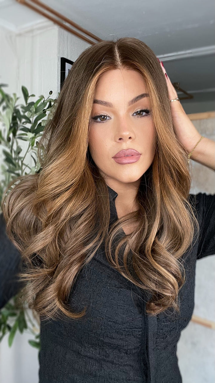 SHULY Brown Blonde Highlights Wigs 100% Real Human Hair for Caucasian 180% Density