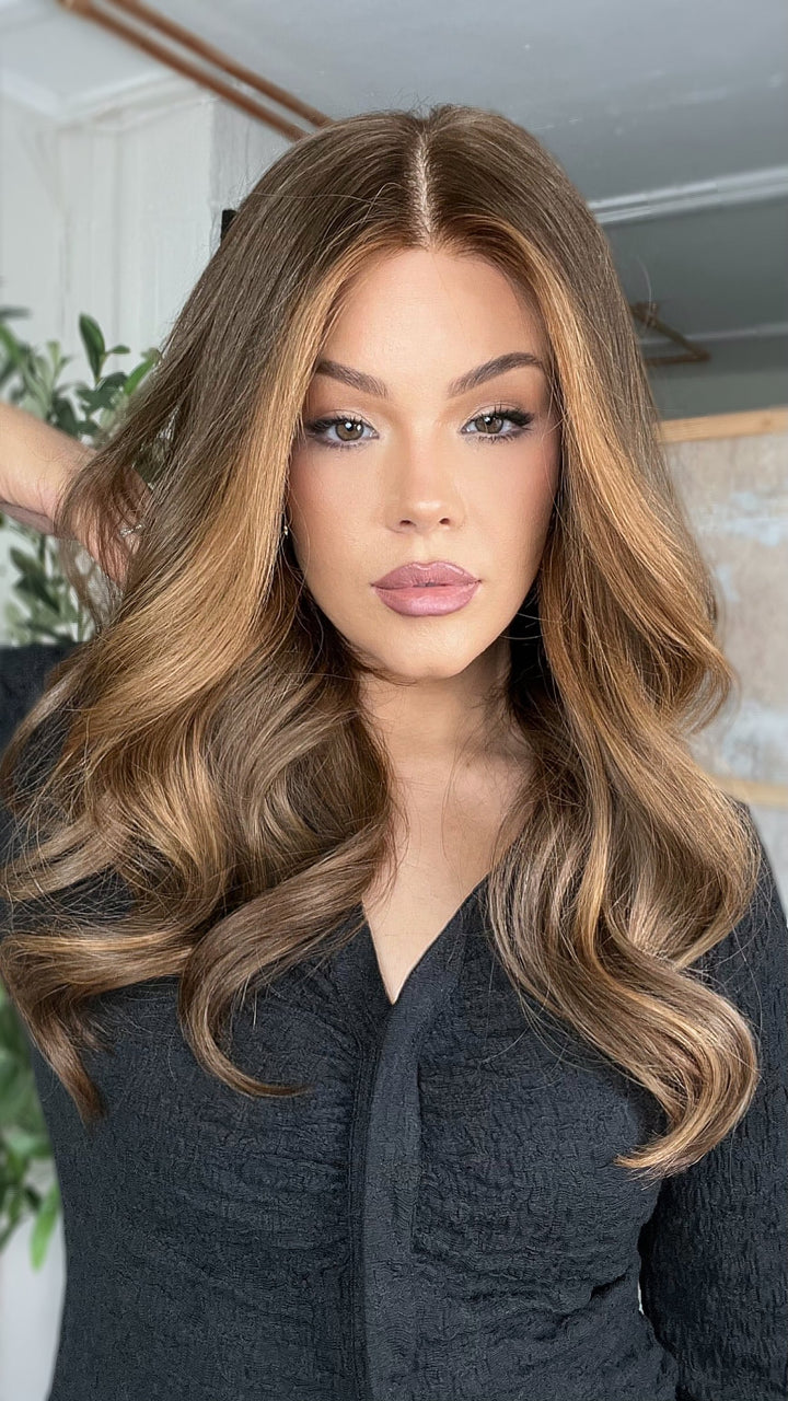 SHULY Brown Blonde Highlights Wigs 100% Real Human Hair for Caucasian 180% Density