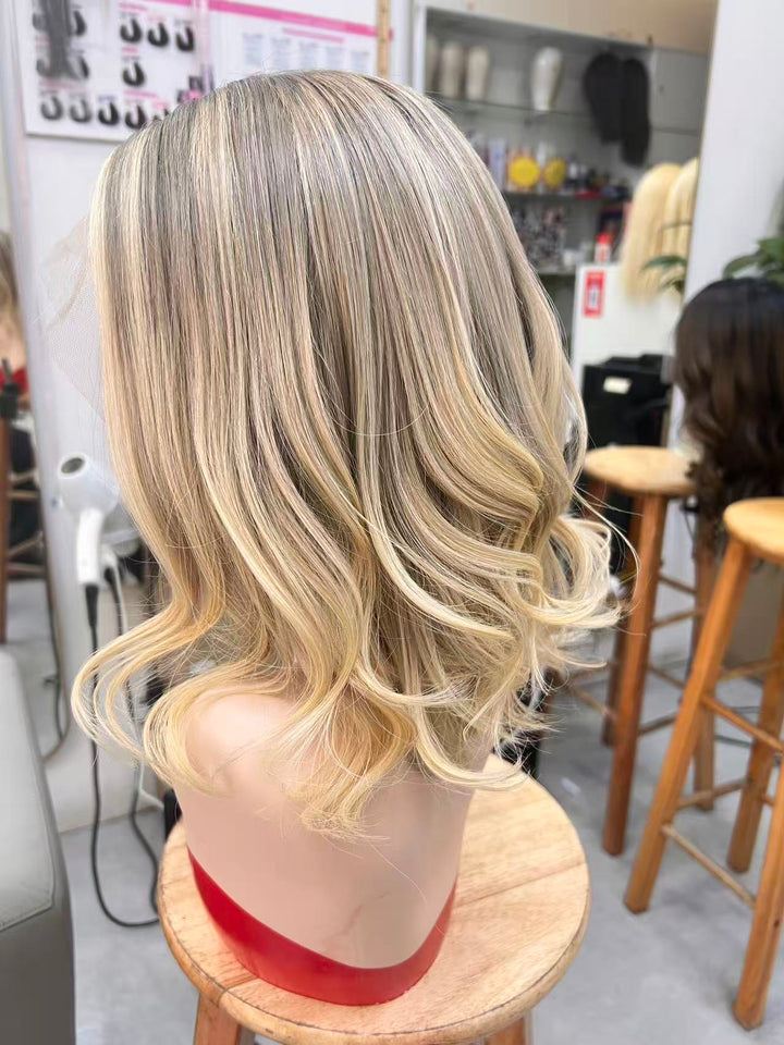 SHULY Medium Brown Blonde Highlights Wigs for White Women 100 Human Hair